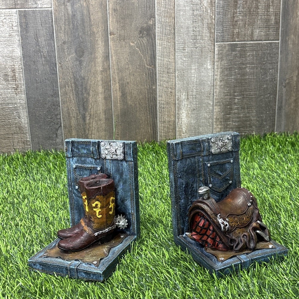 Western Cowboy Bookends Denim Jeans Saddle Boots Farmhouse Rustic